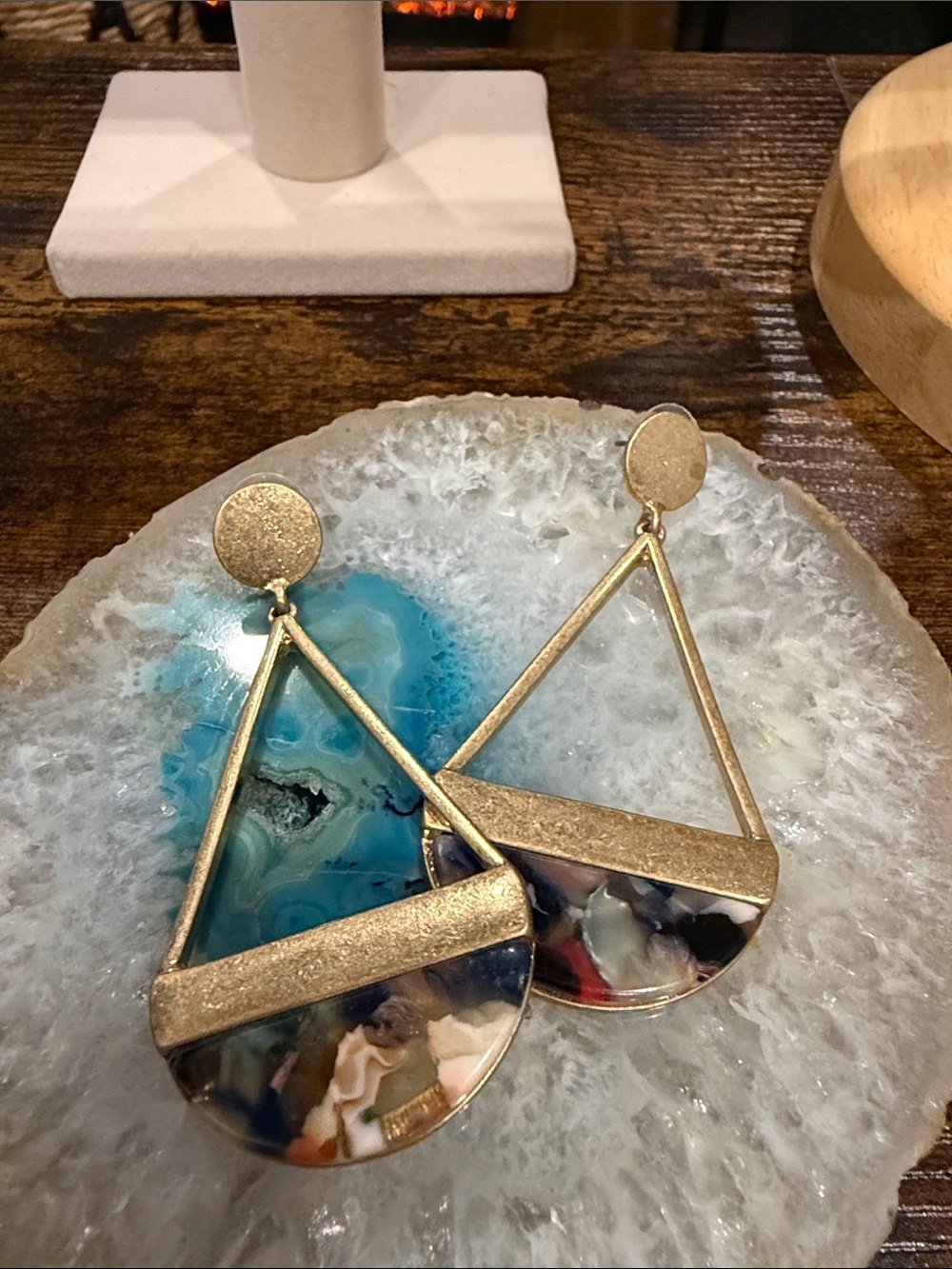 Gold Geometric Drop Earrings with Multicolor Resin Inlay